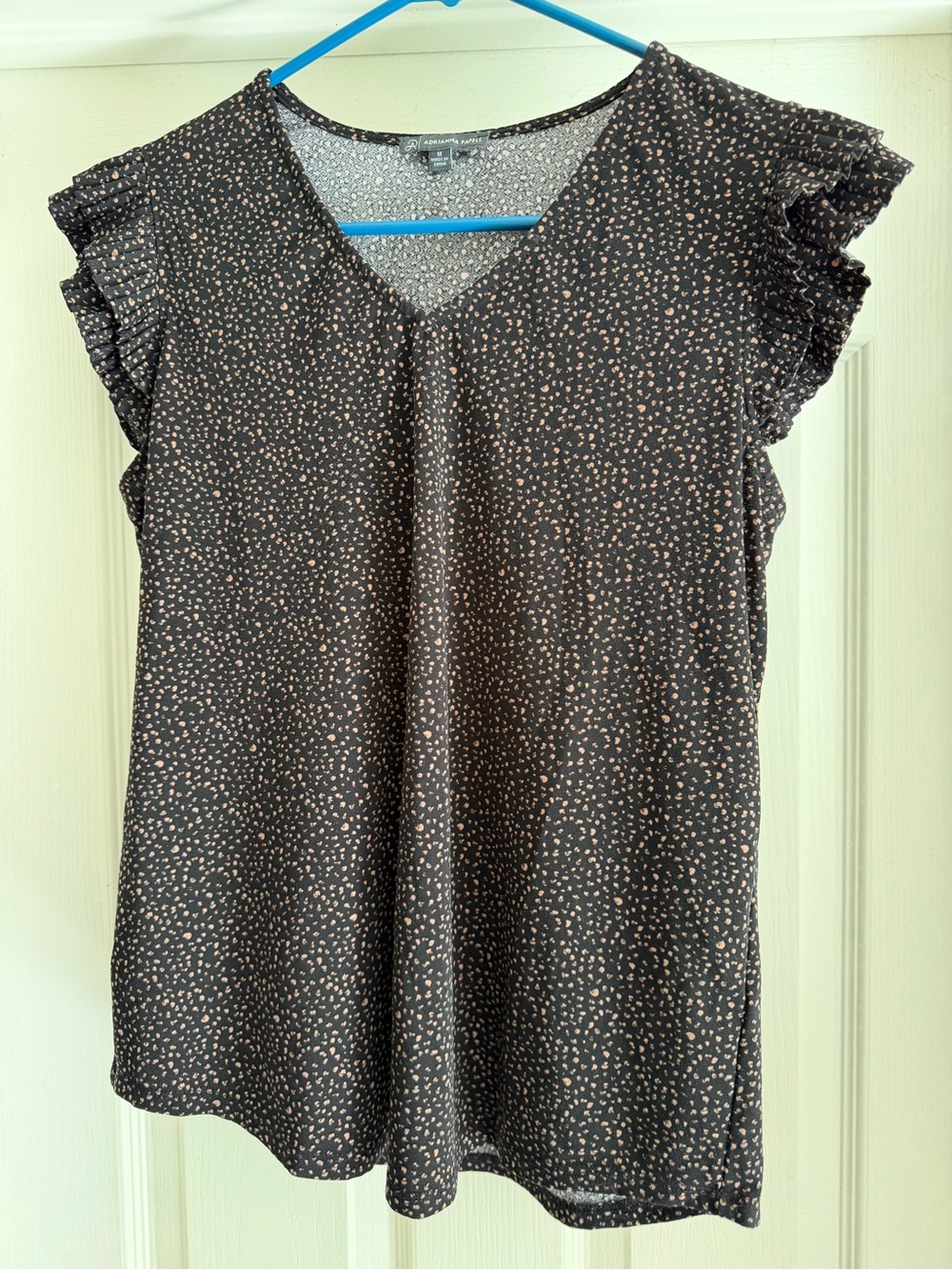 Adrianna Papell Black V-Neck Flutter Sleeve Top with Pink Dot Print